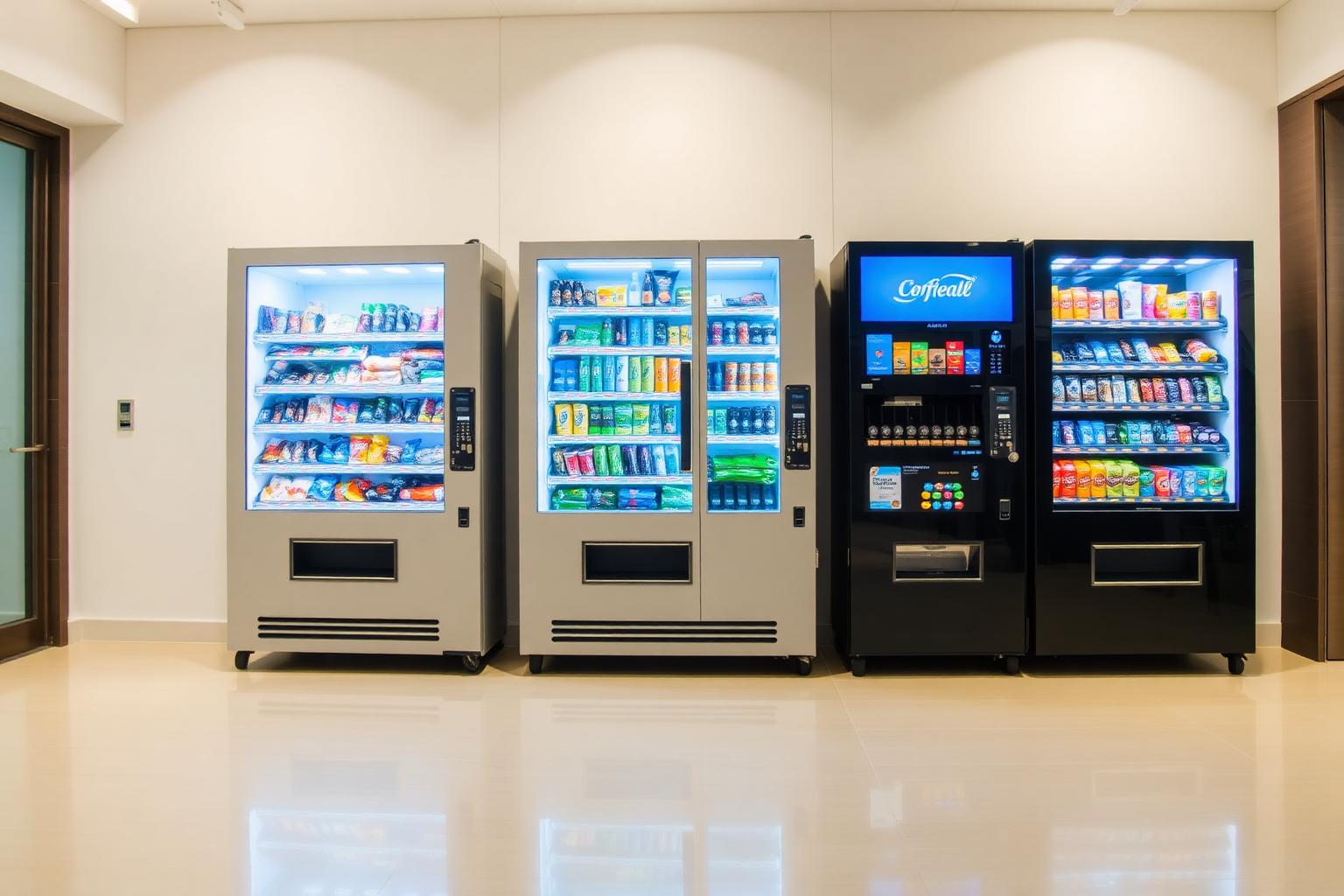 A row of modern snack, drink, and coffee vending machines